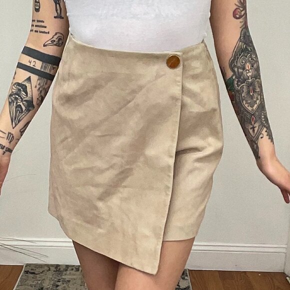 Intermix Faux Suede Wrap Mini Skirt With Button Detail Size 4 Beige - Picture 1 of 5